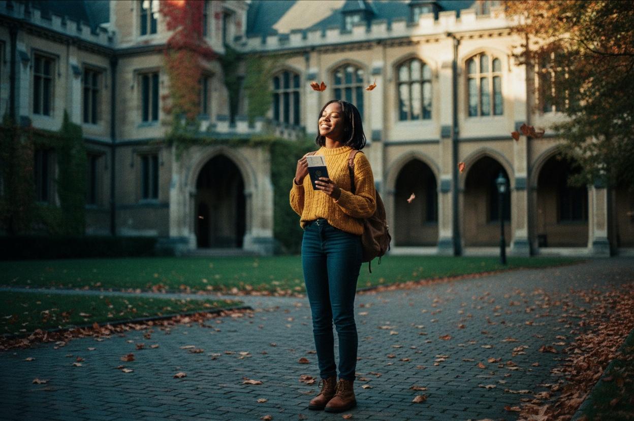 A student holding her passport on a European university campus in autumn